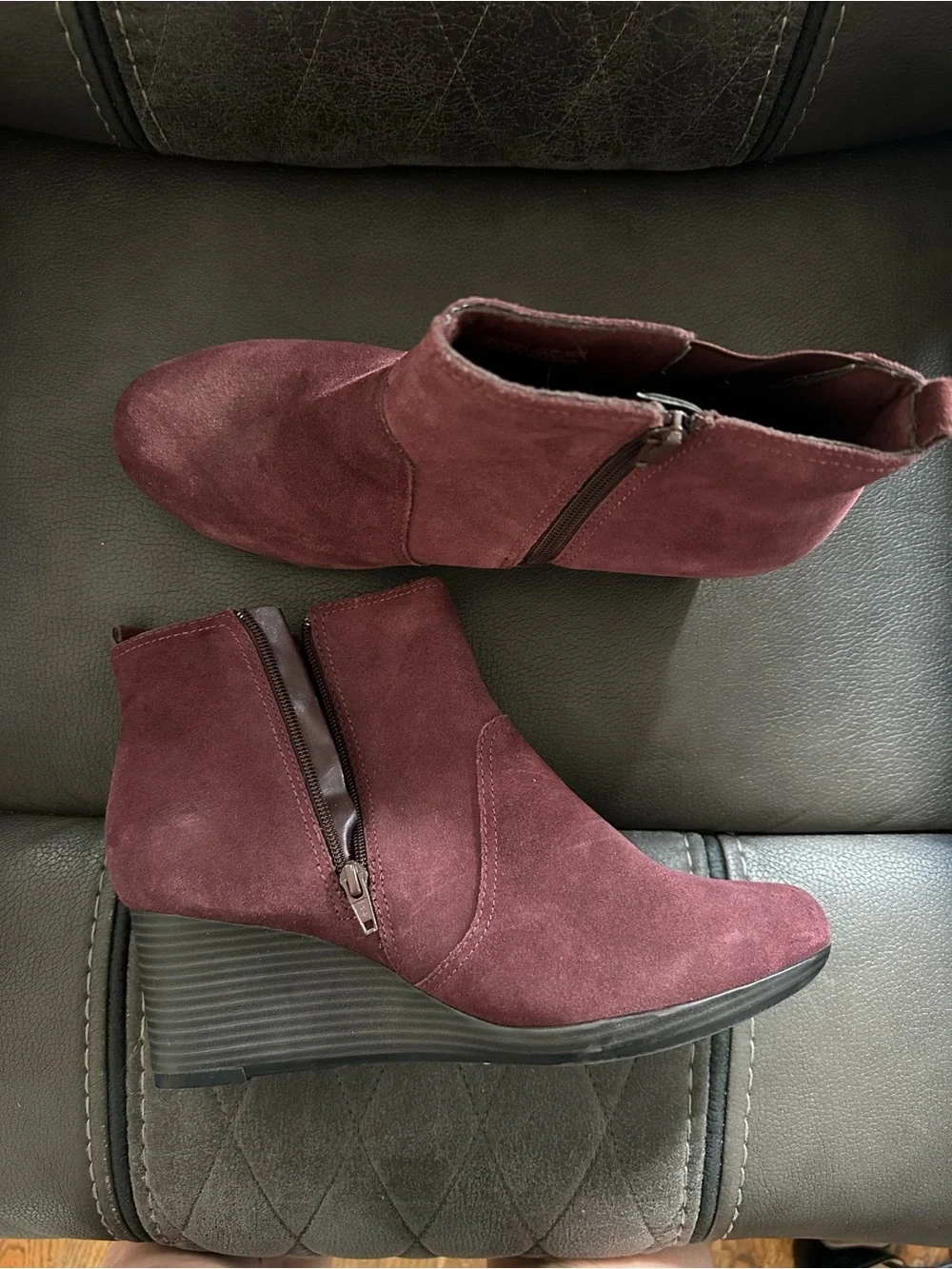 Clarks artisan Wine Suede Wedge Ankle Booties